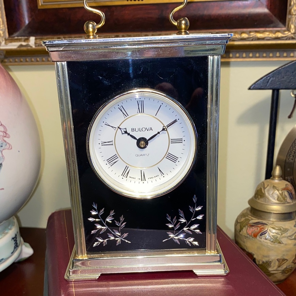 Vintage Bulova Silver and Black Carriage Desk Mantel Clock West Germany 7"